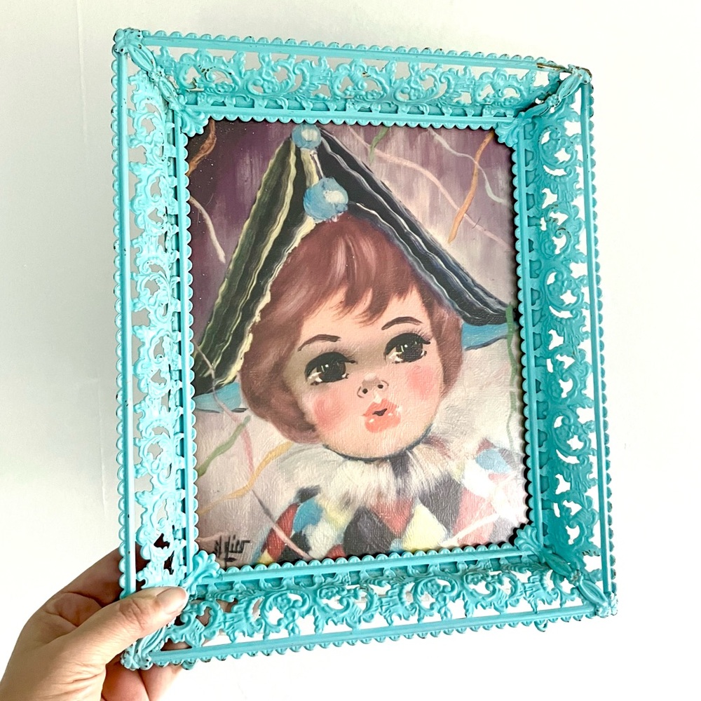 Vintage 60’s mod jester clown girl print in aqua blue filigree metal frame